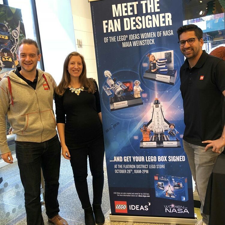 Tim and Hasan with Maia Weinstock, creator of the LEGO IDEAS Women of NASA set